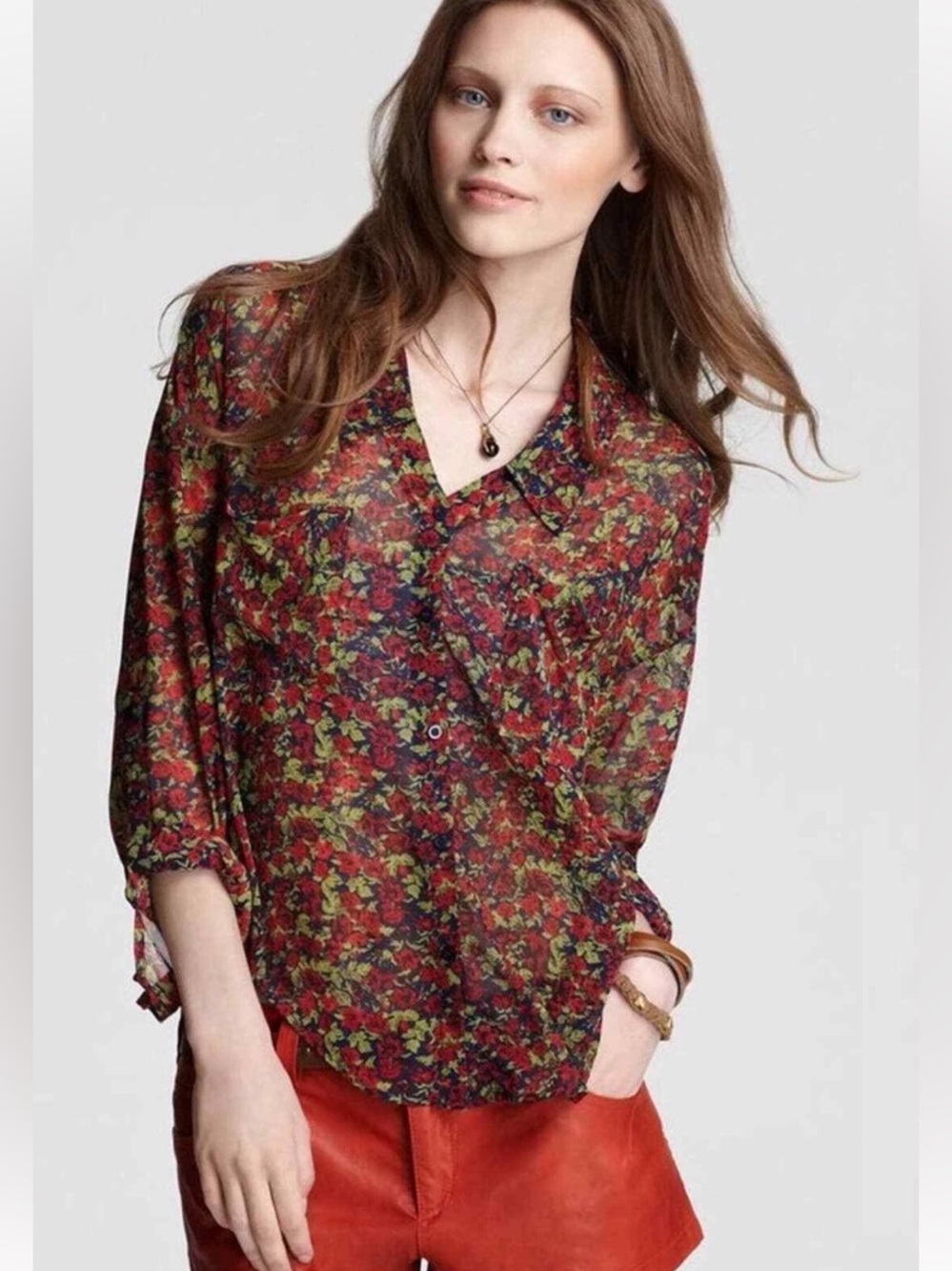 Free People Easy Rider Floral Sheer Button-Down Blouse Size Small